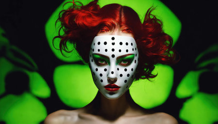 Portrait of a beautiful young woman with bright make up and Venetian mask. ai generative.の素材