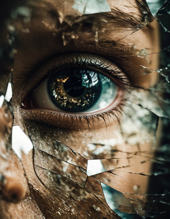 Close up shot of a beautiful woman's eye through broken glass. ai generative.の素材