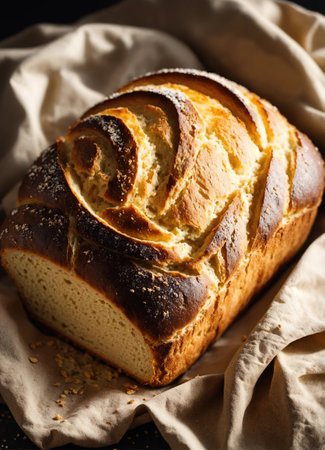 Freshly baked bread with sesame seeds on a wooden board. ai generative.の素材