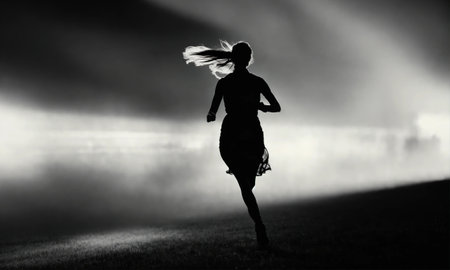 Blurry motion silhouette of a girl with long hair. ai generative.の素材