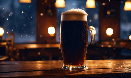 Mug of beer on a wooden table in a pub or bar. ai generative.の素材