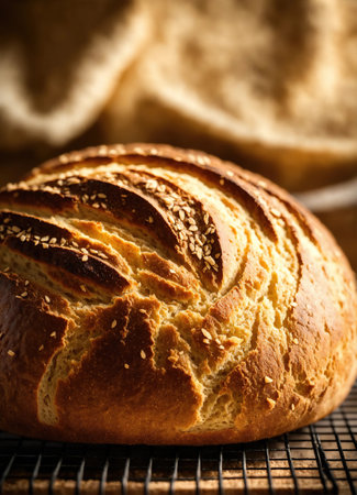 Freshly baked bread with sesame seeds on a wooden board. ai generative.の素材
