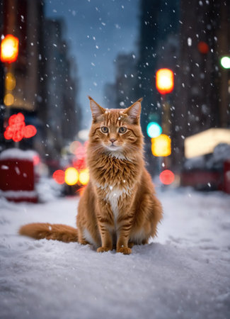 Ginger cat sitting on snow and looking at camera. Winter background. ai generative.の素材