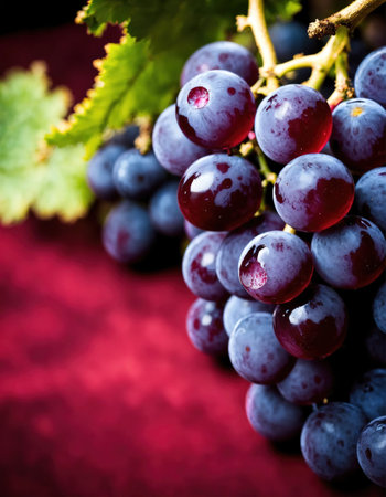 bunch of red grapes with green leaves. Shallow depth of field. ai generative.の素材