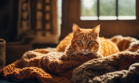 Cute ginger cat lying on the bed with a warm blanket. ai generative.の素材