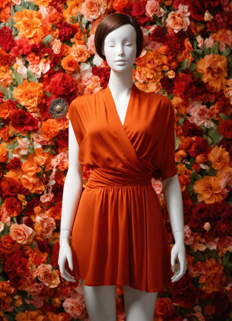 Fashionable evening orange summer dress on a mannequin. ai generative. ai generative.の素材