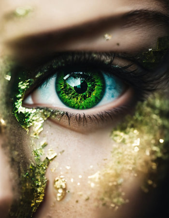 Close up shot of a beautiful woman's eye through broken glass. ai generative.の素材
