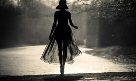 Blurry motion silhouette of a girl with long hair. ai generative.の素材