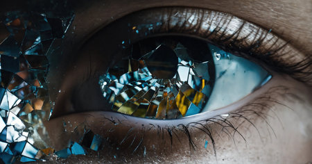 Close up shot of a beautiful woman's eye through broken glass. ai generative.の素材