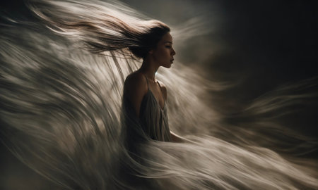 Blurry motion silhouette of a girl with long hair. ai generative.の素材