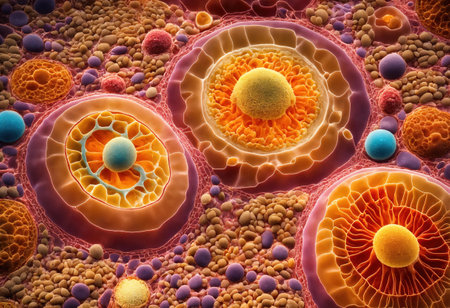 Colorful microorganism cells close up. illustration in high details for medical education and science. ai generative.の素材