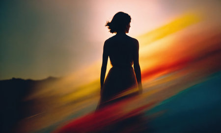 Blurry motion silhouette of a girl with long hair. ai generative.の素材