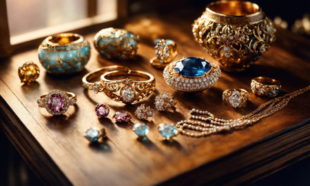 jewelry diamond ring on wooden table with bokeh background. ai generative.の素材
