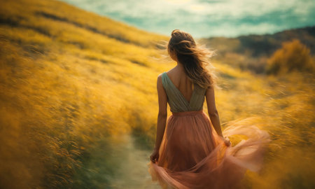 Blurry motion silhouette of a girl with long hair. ai generative.の素材