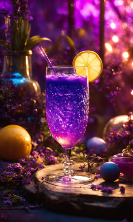 Purple cocktail with ice on a wooden table. Selective focus. ai generativeの素材
