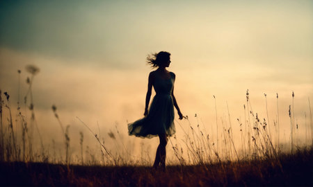 Blurry motion silhouette of a girl with long hair. ai generative.の素材