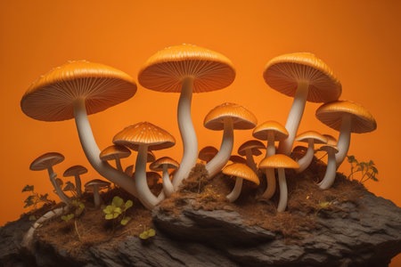 Mushrooms on a solid color background with green moss and water drops. generative aiの素材