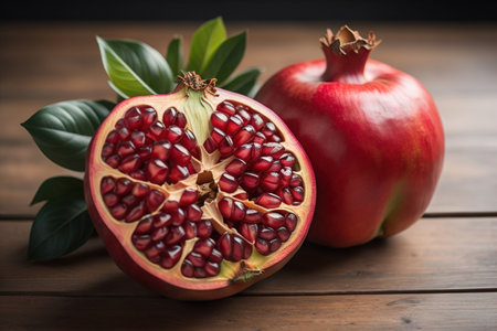 Ripe pomegranate fruit on a wooden background. Still life. ai generativeの素材