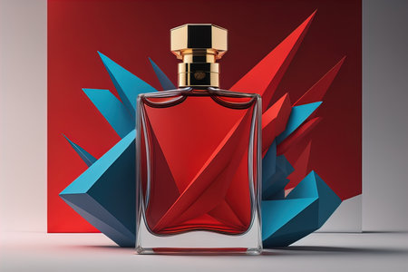 Creative and brandless Perfume bottle and flower on the wooden table, closeup. ai generativeの素材