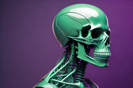 a Green Human Skeleton Isolated on Purple Background. generative aiの素材