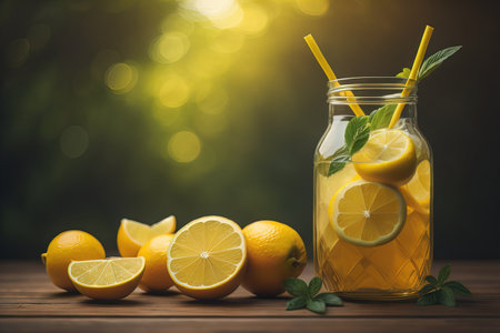 Glass of lemonade with fresh lemons. ai generativeの素材