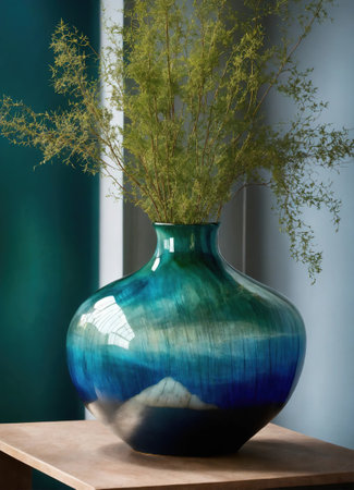 Colorful Decorative glass vase with green and blue pattern on the table. Close up. ai generative.の素材