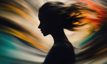 Blurry motion silhouette of a girl with long hair. ai generative.の素材