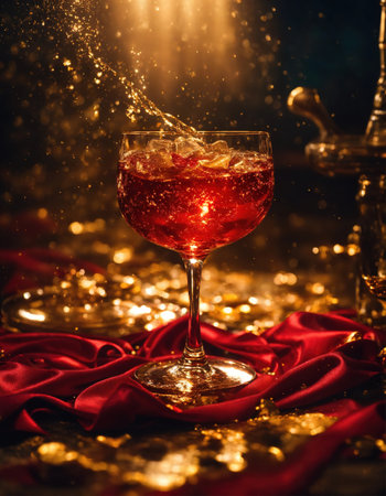 a glass of whiskey with ice and splashes. Golden sparkles background. ai generative.の素材