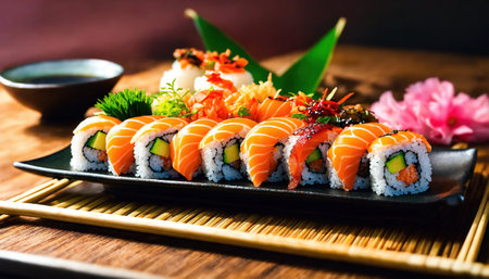 Sushi rolls with wasabi and soy sauce on a plate. ai generative.の素材