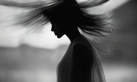 Blurry motion silhouette of a girl with long hair. ai generative.の素材