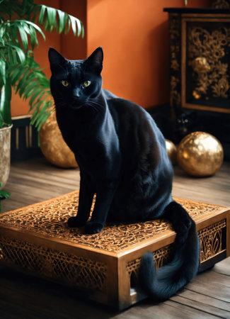 Portrait of a black cat with yellow eyes on a dark background. ai generative.の素材