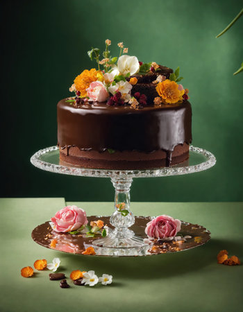 Chocolate cake with whipped cream and fresh fruits on a dark background. ai generative.の素材