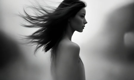 Blurry motion silhouette of a girl with long hair. ai generative.の素材