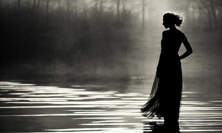 Blurry motion silhouette of a girl with long hair. ai generative.の素材