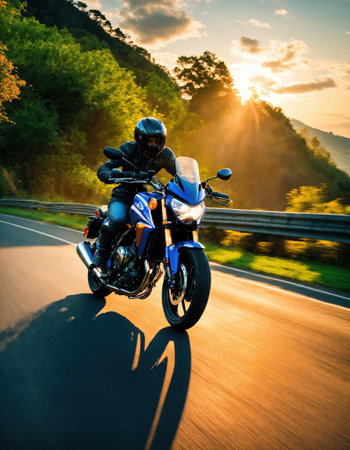 Motorcyclist riding a motorcycle on a country road at sunset. ai generative.の素材