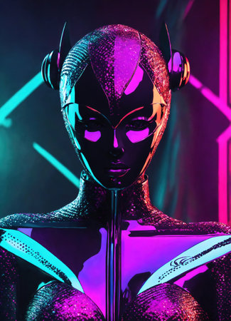 fashion photo of beautiful girl on the blue, green and purple background. ai generative.の素材