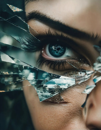 Close up shot of a beautiful woman's eye through broken glass. ai generative.の素材