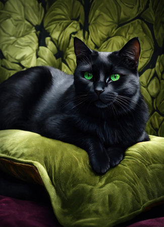 Portrait of a black cat with yellow eyes on a dark background. ai generative.の素材