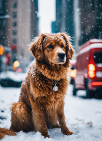 Cute Nova Scotia Duck Tolling Retriever dog sitting on a snowy street. ai generative.の素材