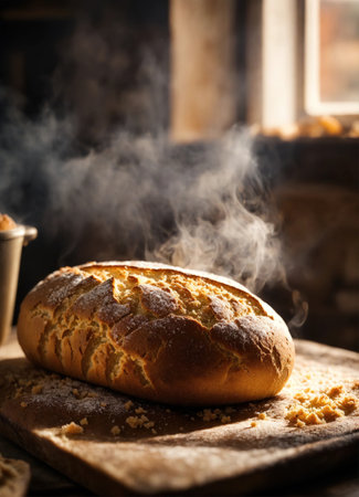 Freshly baked bread with sesame seeds on a wooden board. ai generative.の素材