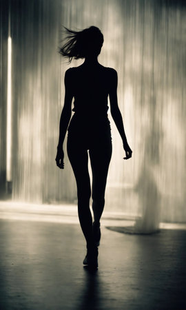 Blurry motion silhouette of a girl with long hair. ai generative.の素材