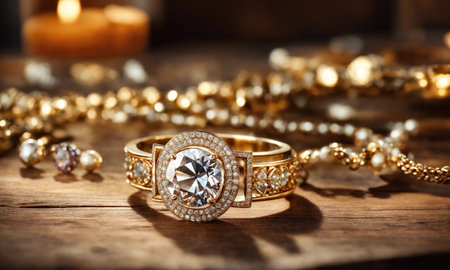 jewelry diamond ring on wooden table with bokeh background. ai generative.の素材