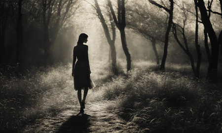 Blurry motion silhouette of a girl with long hair. ai generative.の素材