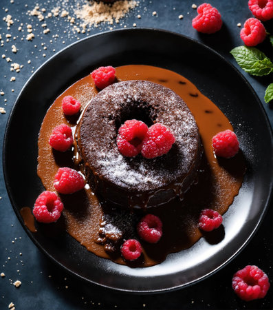Chocolate cake with whipped cream and fresh fruits on a dark background. ai generative.の素材