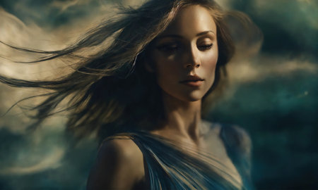 Blurry motion silhouette of a girl with long hair. ai generative.の素材