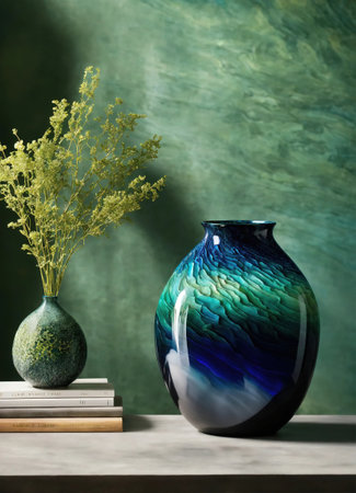 Colorful Decorative glass vase with green and blue pattern on the table. Close up. ai generative.の素材