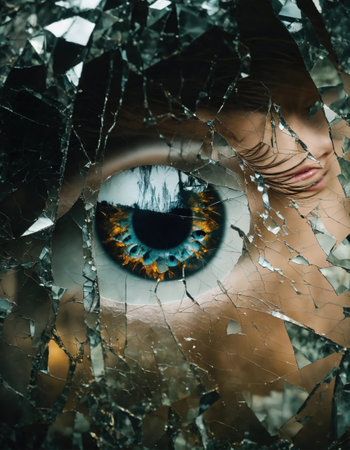 Close up shot of a beautiful woman's eye through broken glass. ai generative.の素材