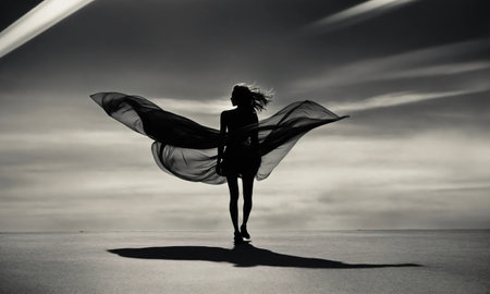 Blurry motion silhouette of a girl with long hair. ai generative.の素材