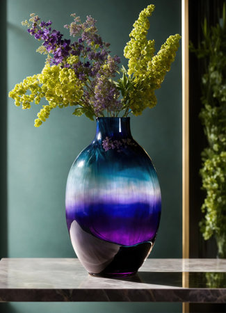 Colorful Decorative glass vase with green and blue pattern on the table. Close up. ai generative.の素材