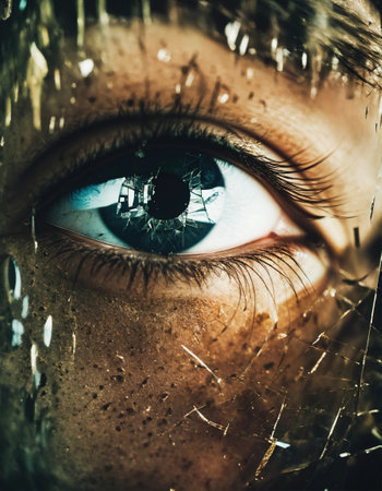 Close up shot of a beautiful woman's eye through broken glass. ai generative.の素材
